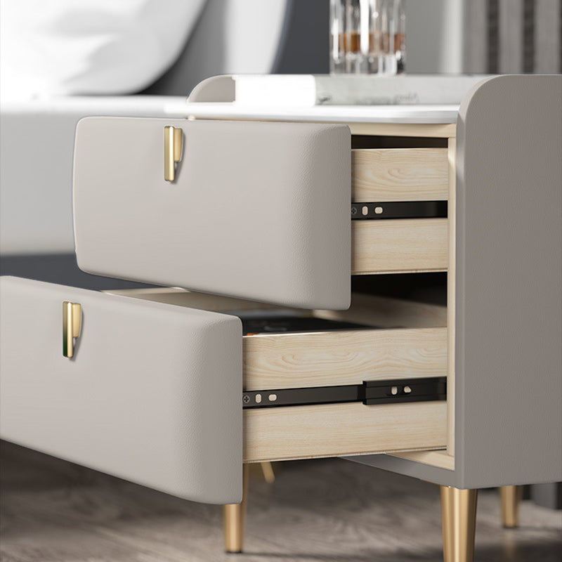 Modern Leather Pine Wood Carbon Steel Nightstand 2-Drawer