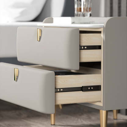 Modern Leather Pine Wood Carbon Steel Nightstand 2-Drawer