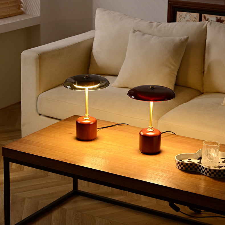 Retro Brass Wood Glass Cylinder LED Table Lamp
