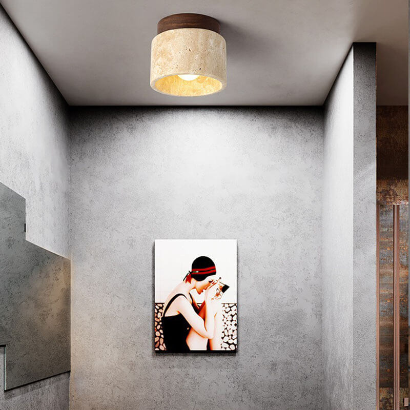 Japanese Round Yellow Travertine Semi-Flush Ceiling Light