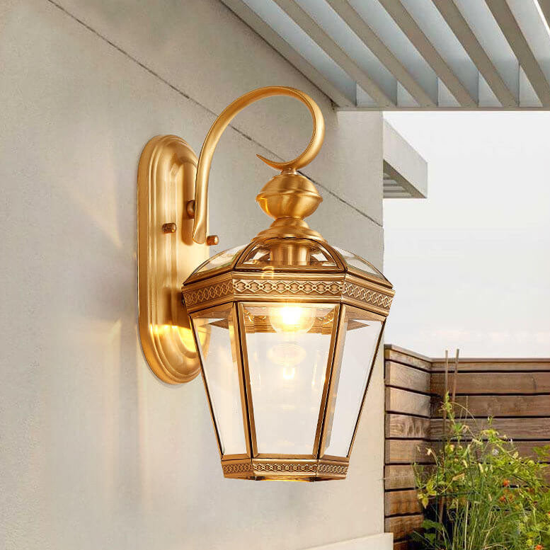 European Hexagonal Lantern Copper Glass Outdoor Wall Sconce