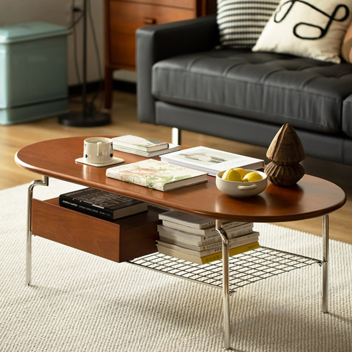 Retro Pine Wood Elliptical Coffee Table 2-Tier — Cherry Wood