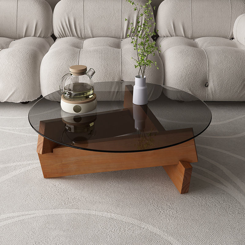 Scandinavian Glass Triangular Wood Coffee Table — Brown Glass Tabletop + Walnut Oak Legs