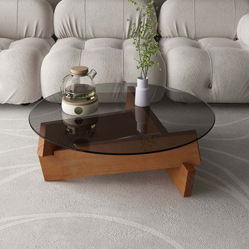Scandinavian Glass Triangular Wood Coffee Table — Brown Glass Tabletop + Walnut Oak Legs