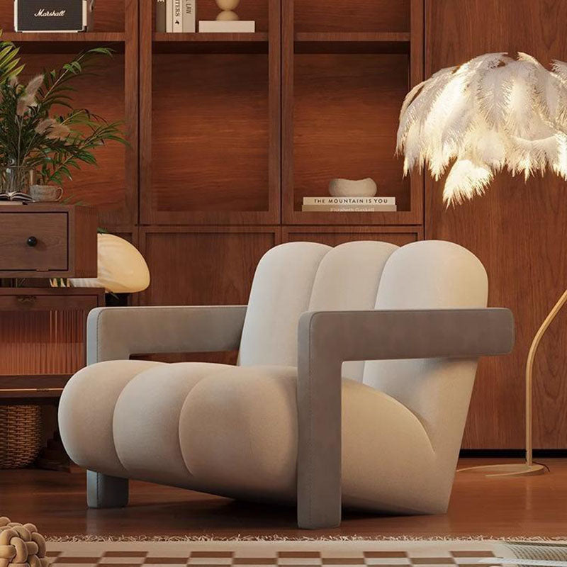 Retro Striped Velvet Wood Accent Chair — White + Light Gray Armrest