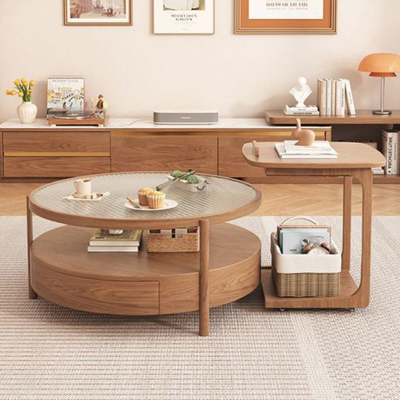 Japanese Glass Wood 2-Tier End Table
