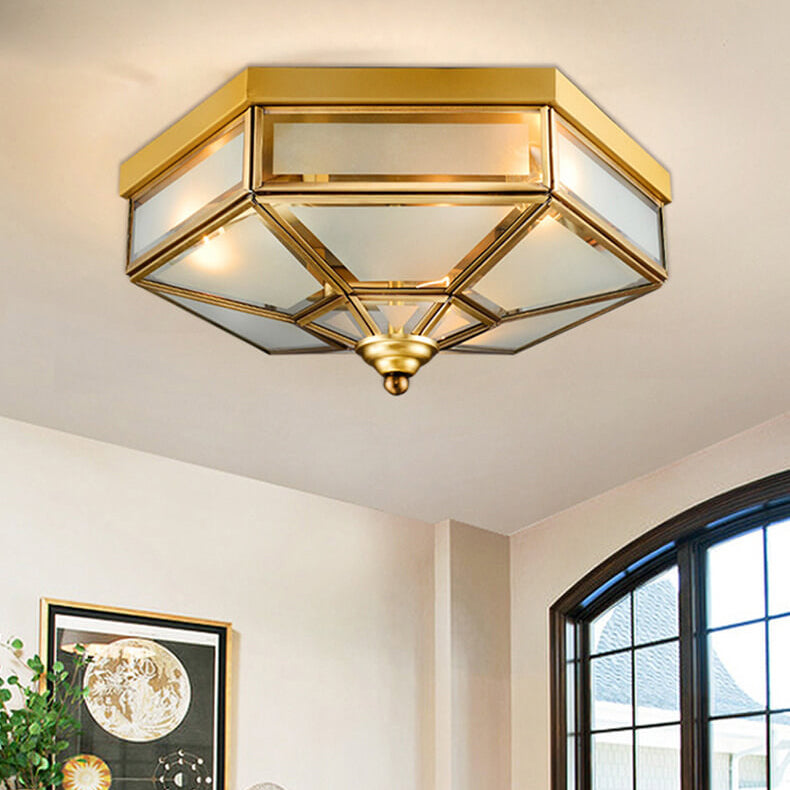 European Polygonal Copper Glass Flush Ceiling Light