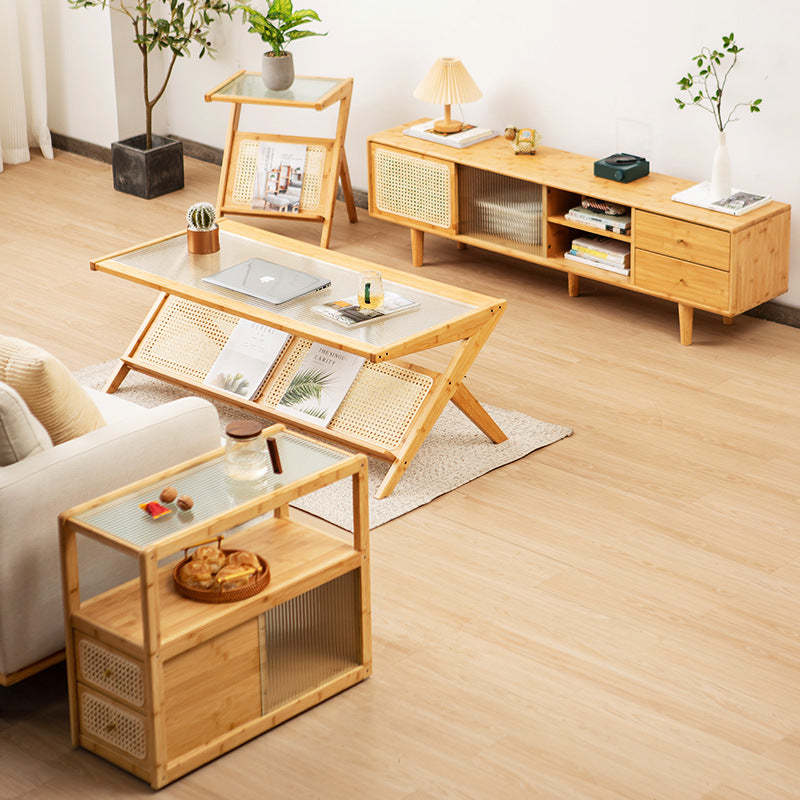 Japanese Z-Shape Wood Glass Rattan Coffee Table