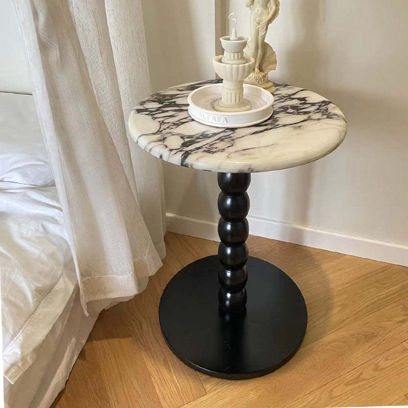 French Round Marble Wood End Table