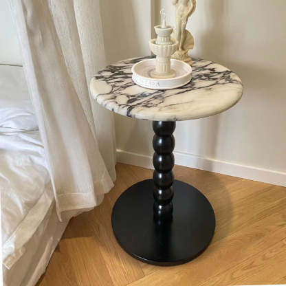 French Round Marble Wood End Table