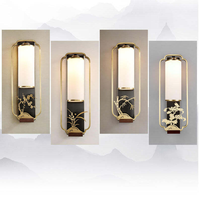 Modern Chinese Copper Glass Column Ring Sconce — Copper / Chrysanthemum / 110V-120V For US/CA