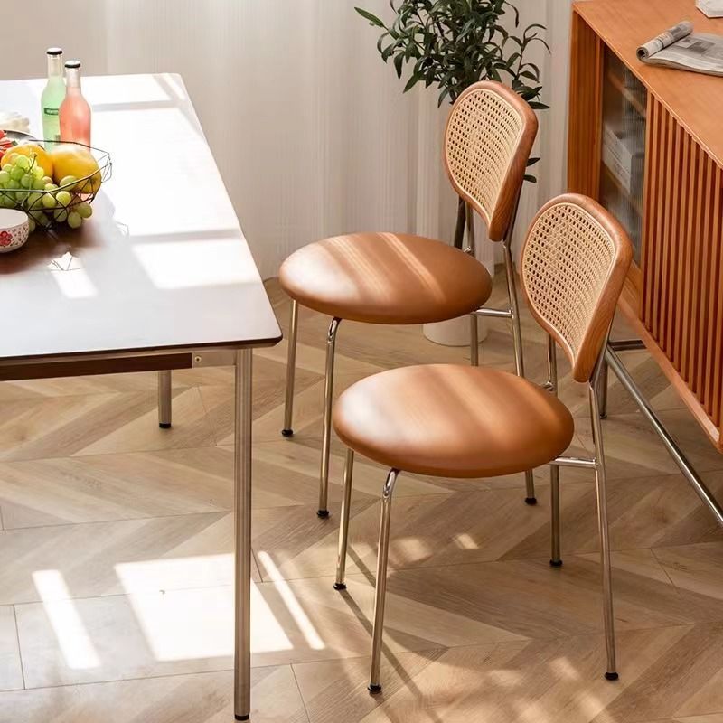 Vintage Wood Metal Leather Dining Chair — Walnut Backrest + Black Saddle