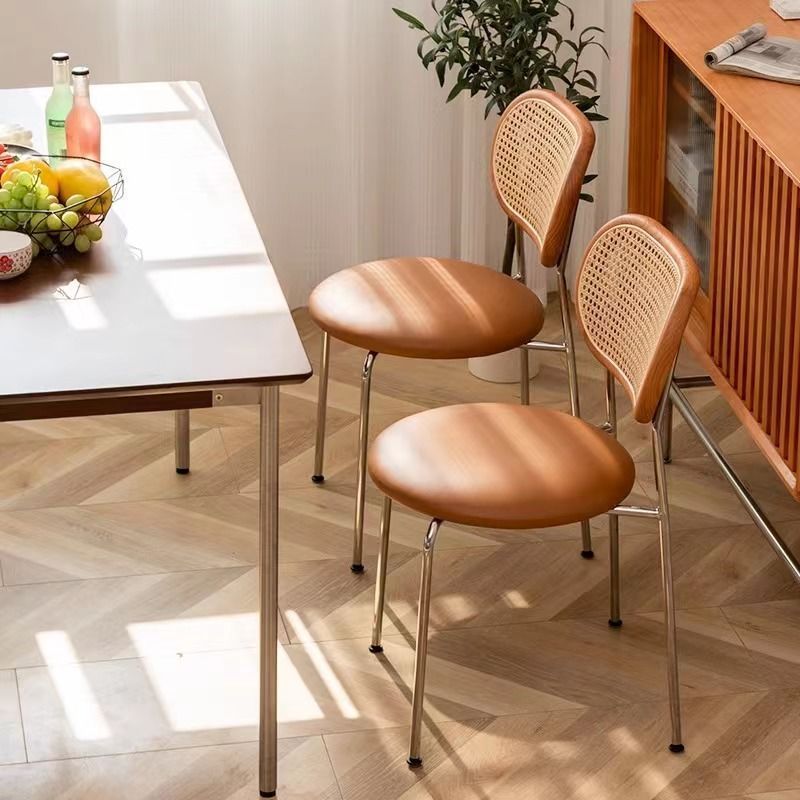 Vintage Wood Metal Leather Dining Chair — Walnut Backrest + Black Saddle