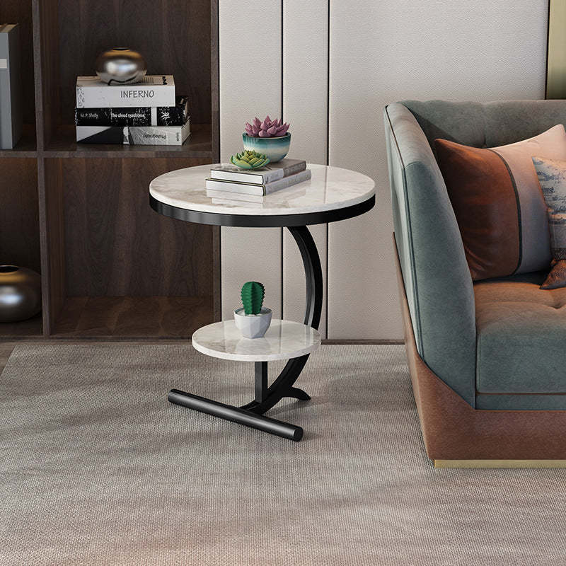 Minimalist Round Marble Metal 2-Tier Side Table — Black Tabletop + Gold Frame