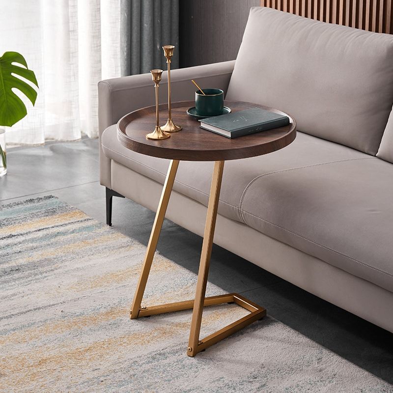 Minimalist Walnut Grain Round Tray End Table — Imitation Marble White + Gold Frame