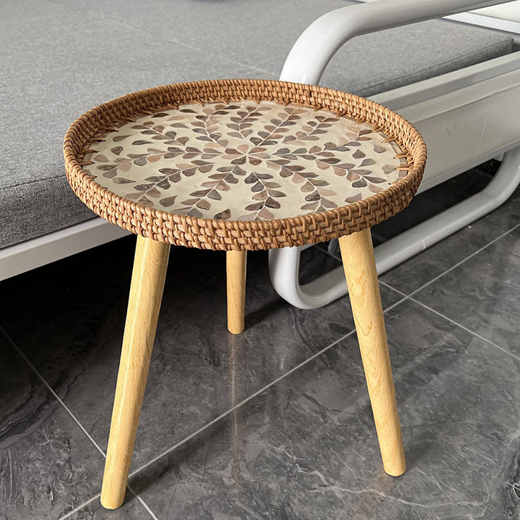 Rustic Handmade Shell Wood Rattan Side Table — C