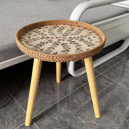 Rustic Handmade Shell Wood Rattan Side Table — C