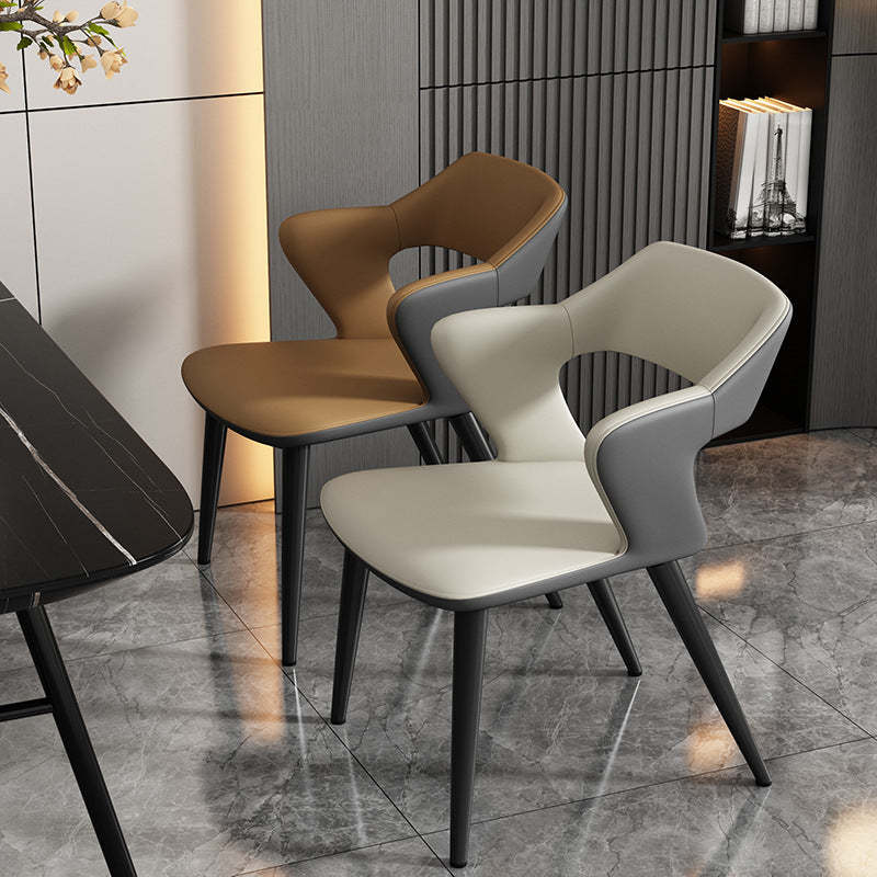 Scandinavian Leather Fabric Wing Dining Chair — Leather - Brown
