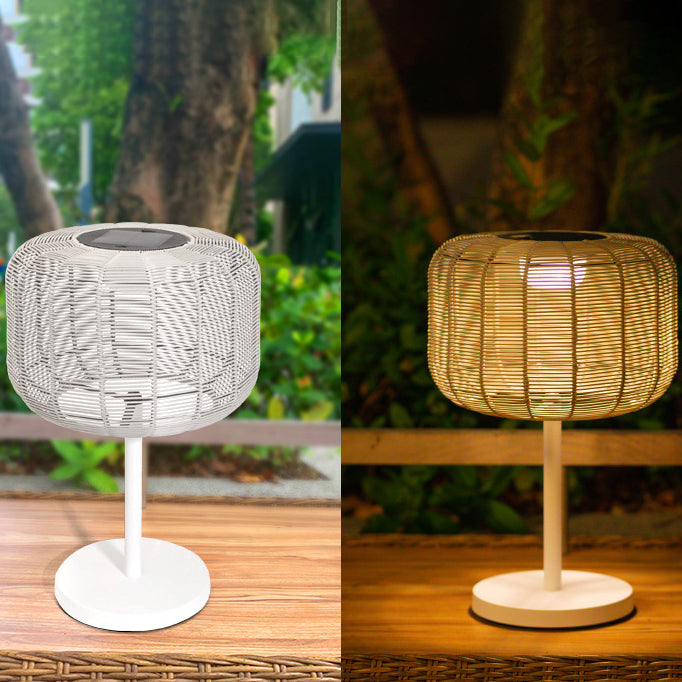 Retro Solar Woven Rattan Metal Cylinder LED Landscape Light