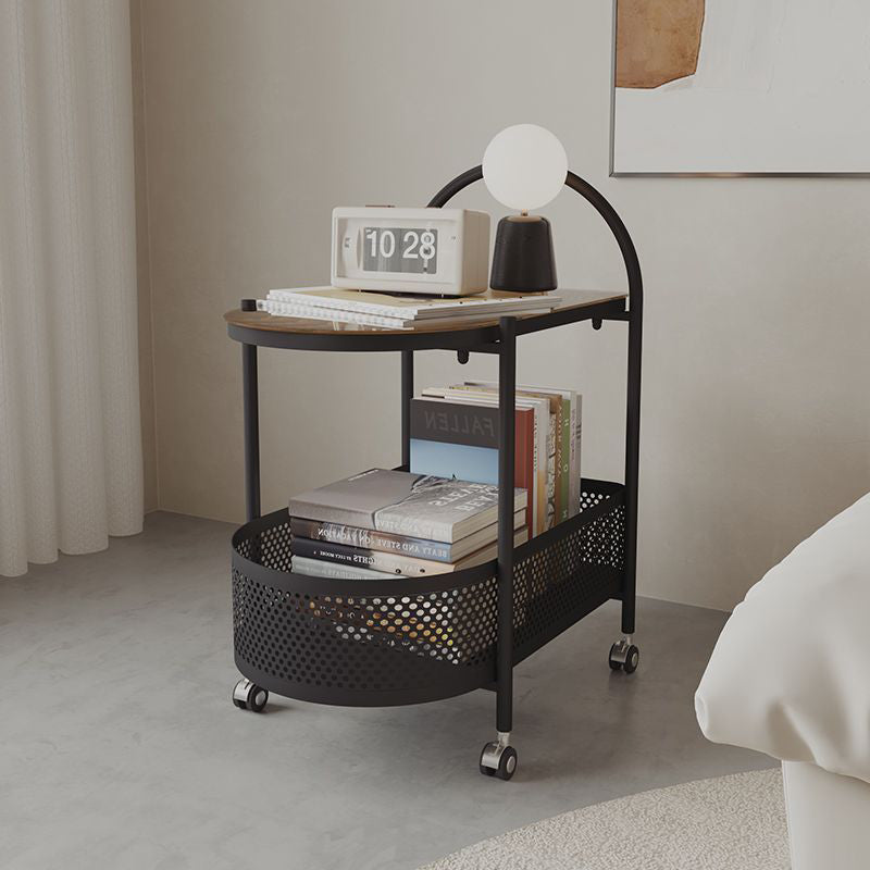 Contemporary Glass Iron Round Rolling Side Table 2-Tier