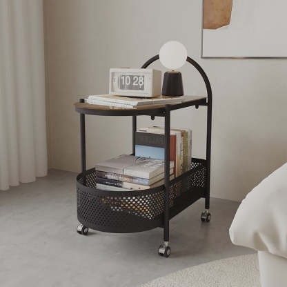 Contemporary Glass Iron Round Rolling Side Table 2-Tier