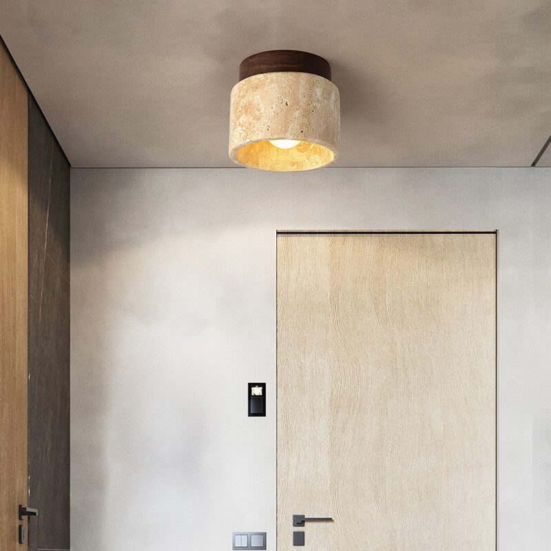 Vintage Round Travertine Flush Mount Light