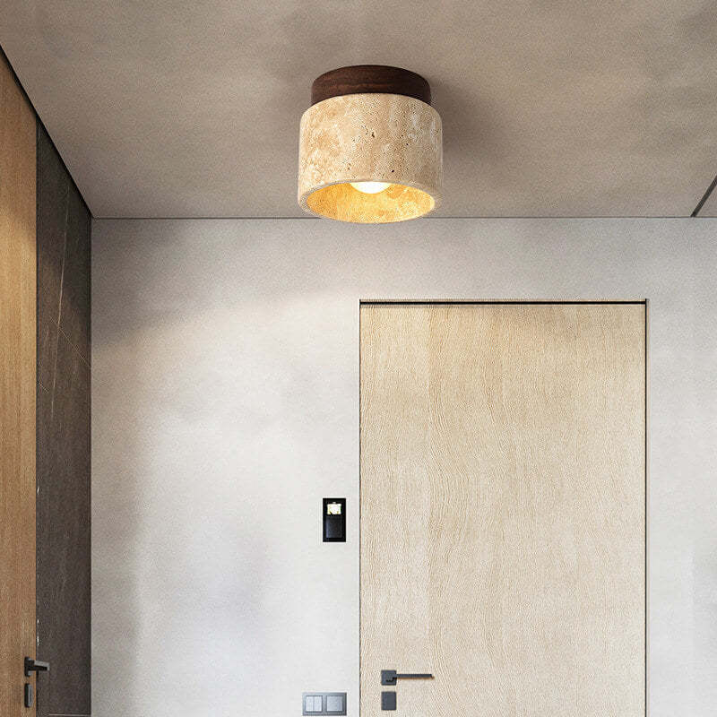 Vintage Round Travertine Flush Mount Light