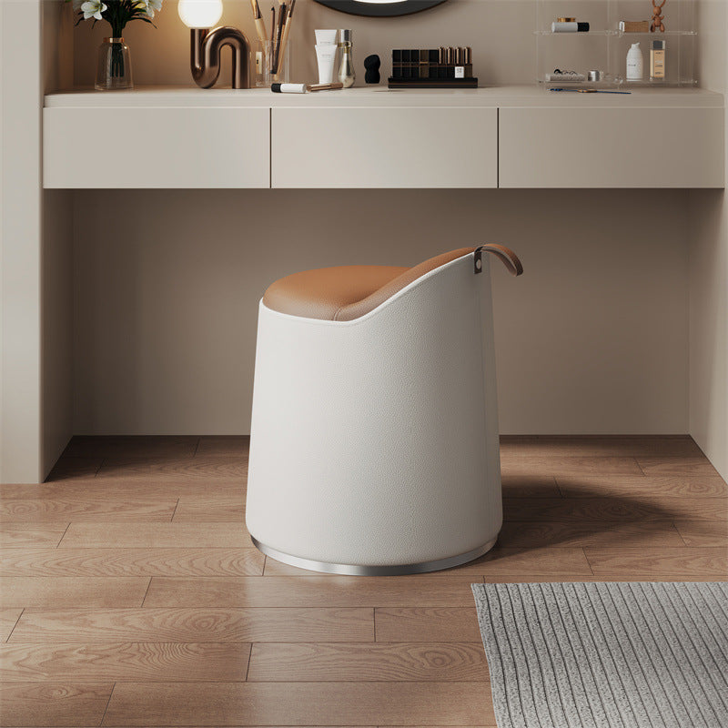 Modern Leather Wood Cylinder Vanity Stool — No Swivel / Orange