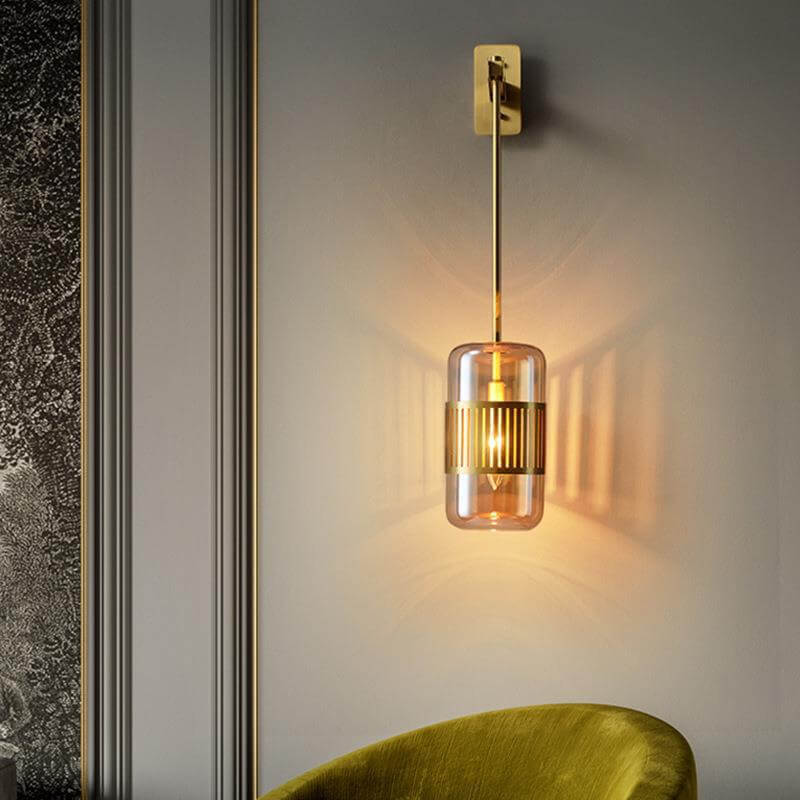 Vintage Brass Cylindrical Glass Wall Sconce — Amber / 110V-120V For US/CA