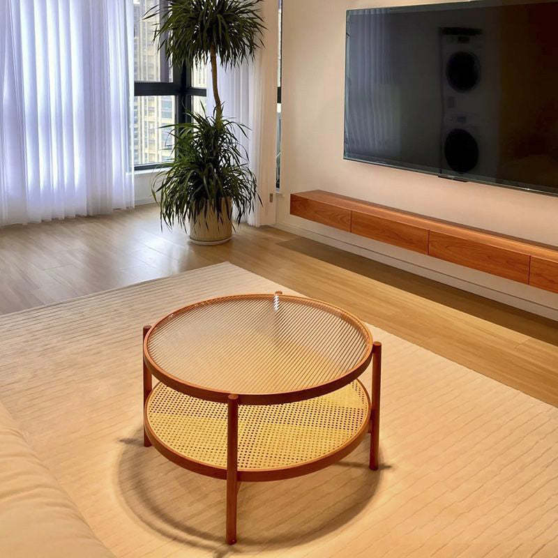 Minimalist Glass Rattan Wood 2-Tier Round Coffee Table