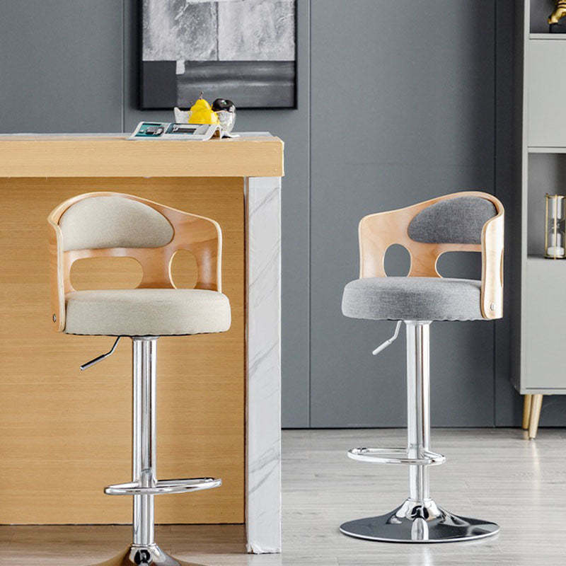Scandinavian Leather Fabric Wood Round Bar Stool — Gray - Leather