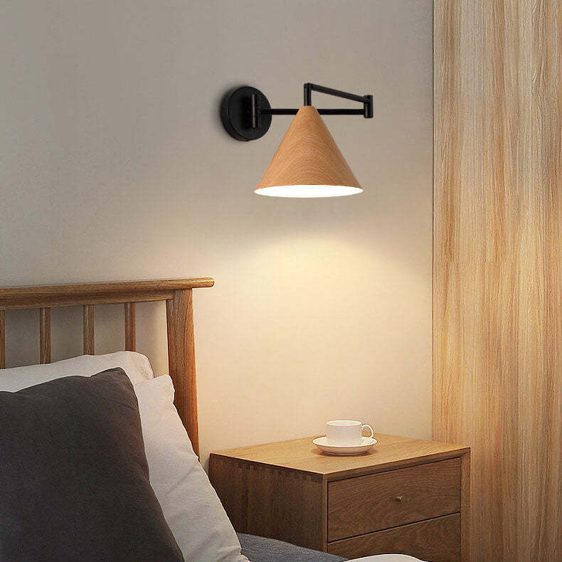 Nordic Cone Swing Arm Wood Grain Iron Wall Sconce