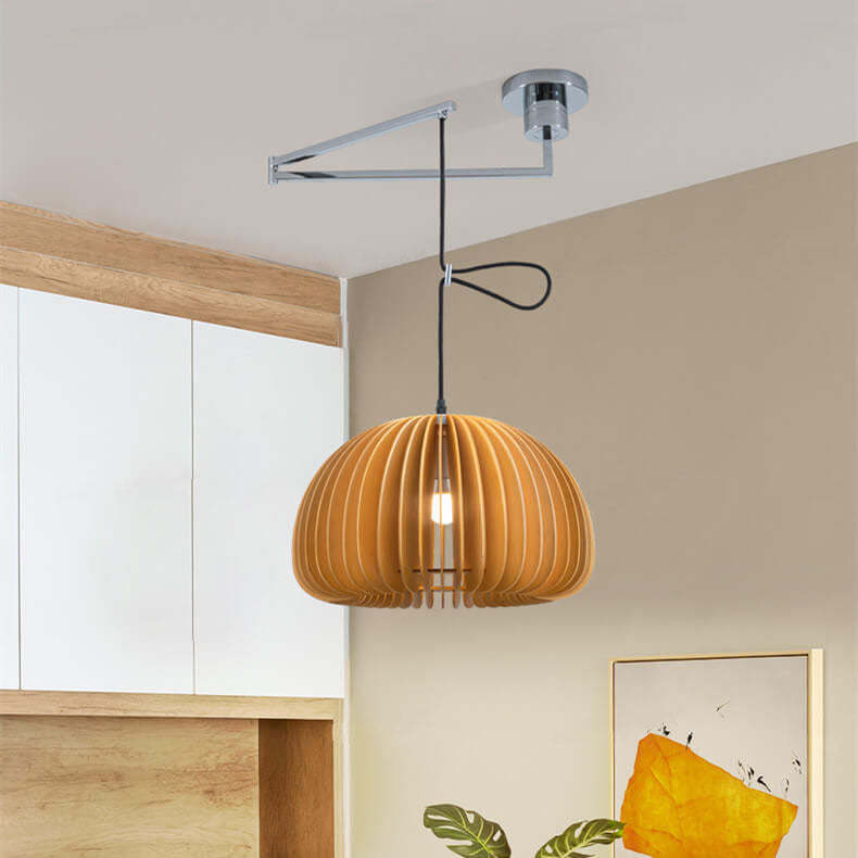 Japanese Minimalist Wooden Pumpkin Swing Arm Pendant Light