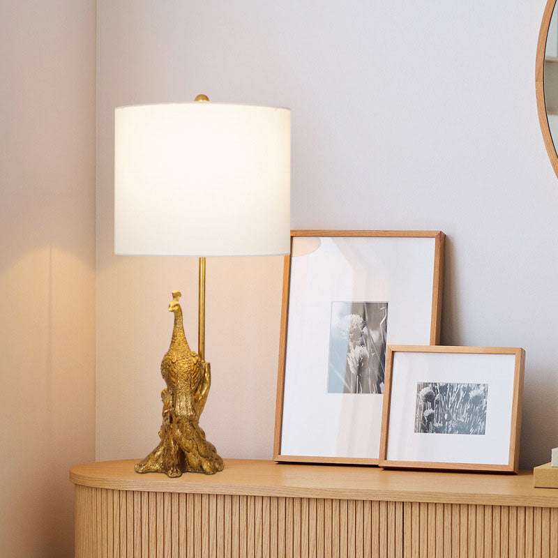 Vintage Cylindrical Peacock Resin Gold Fabric Lamp