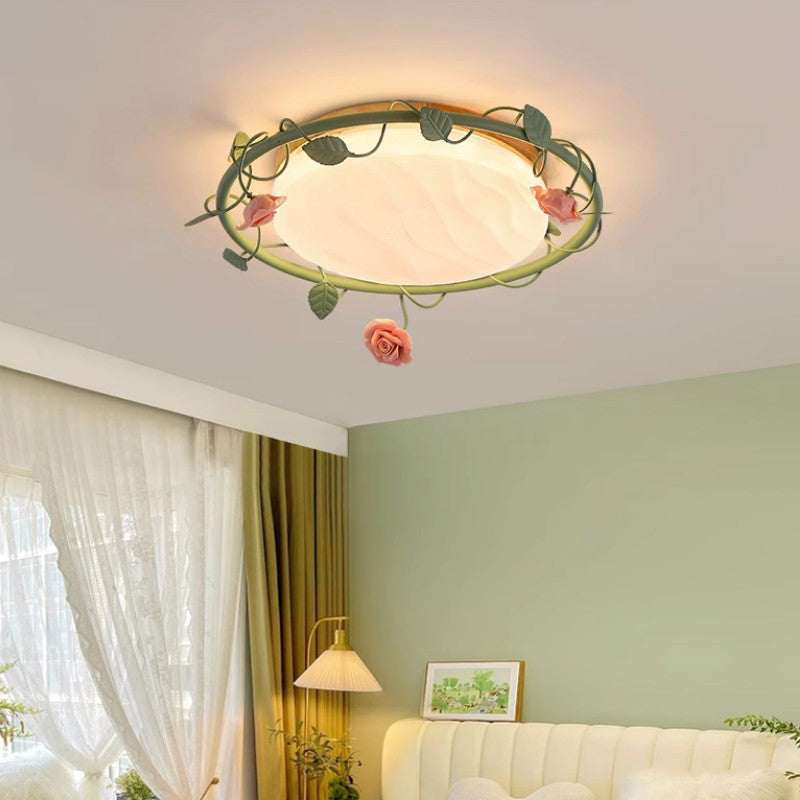 Round Rose Leaf Iron Rubberwood Acrylic LED Flush Light