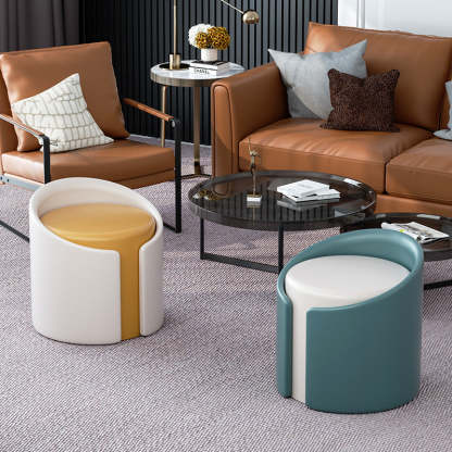 Minimalist Leather Wood Cylinder Footstool — Outside Black & Inside White