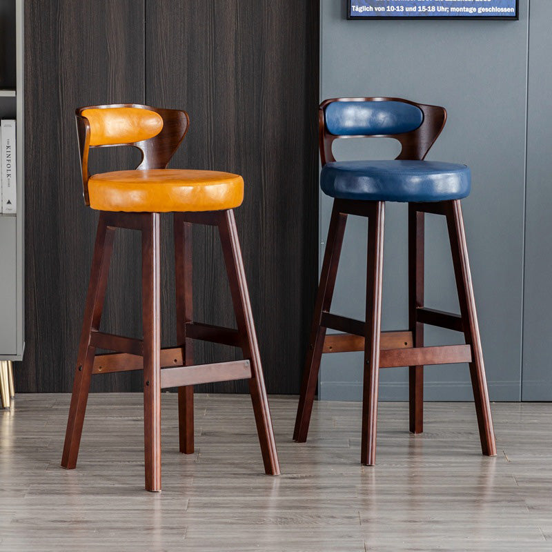 Modern PU Leather Wood Low-Back Bar Stool — Brown PU Leather Cushion + Log Color Frame