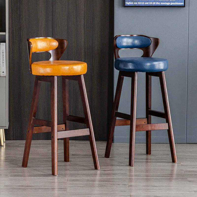 Modern PU Leather Wood Low-Back Bar Stool — Brown PU Leather Cushion + Log Color Frame