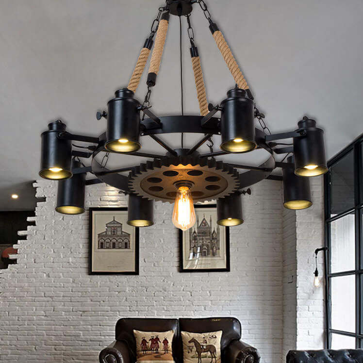 Industrial Retro Gear Wrought Iron Hemp Rope Chandelier