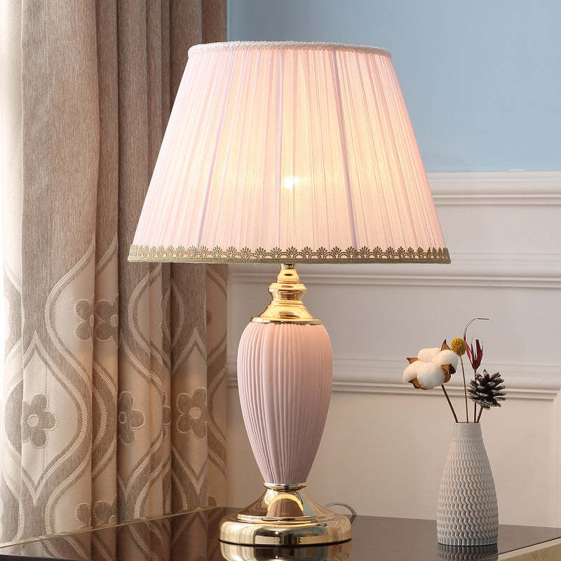 European Pleated Fabric Ceramic Column Lamp