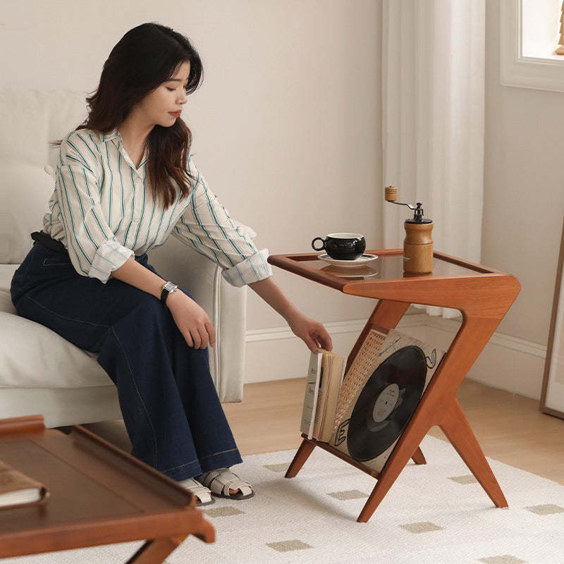 Japanese Rattan Rectangular Side Table 1-Shelf