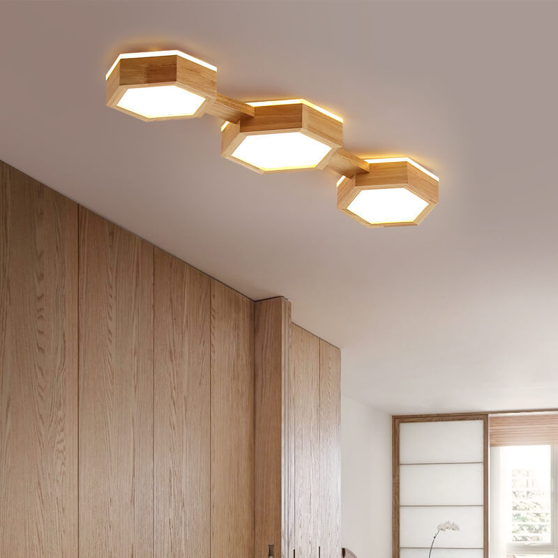Modern Wooden Hexagonal LED Flush Mount Light