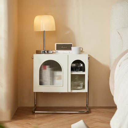 Minimalist Glass Wood Rectangular Nightstand 3-Cabinet — White