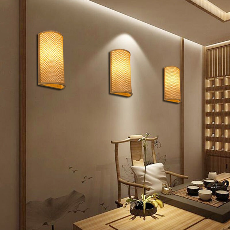Japanese Woven Bamboo Semicircular Cylinder Sconce