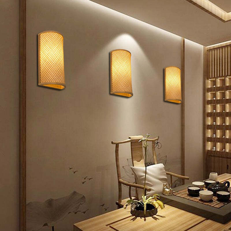 Japanese Woven Bamboo Semicircular Cylinder Sconce