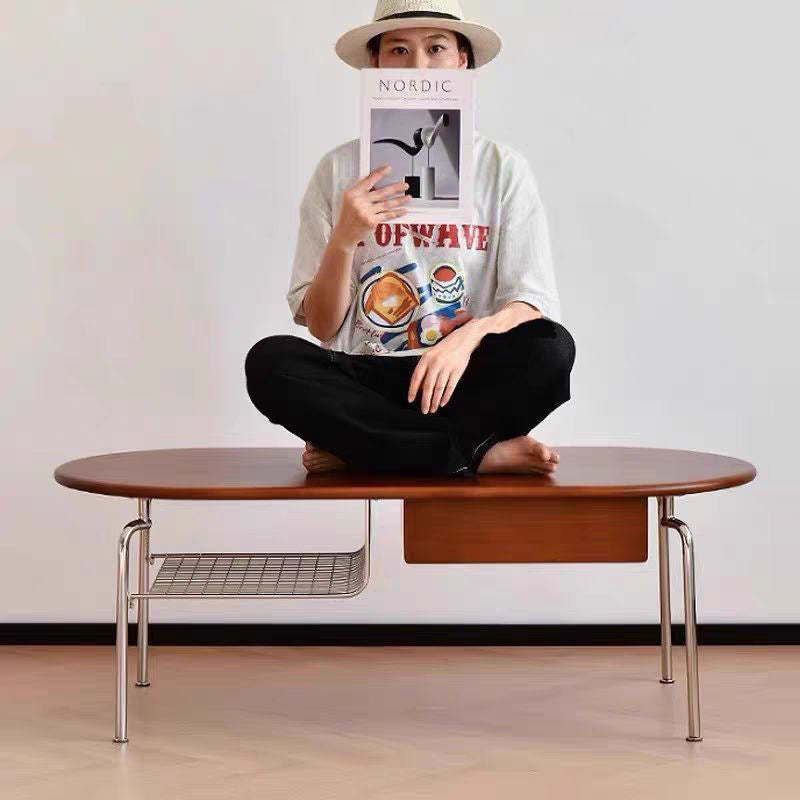 Minimalist Oval Glass Wood Coffee Table — Black