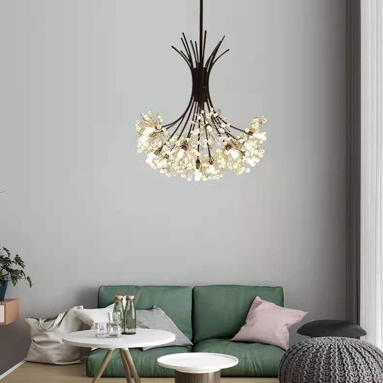 Dandelion branch crystal chandeliers for dining room — Warm White (3000K) / Matte Black / 110V-120V (US/CA