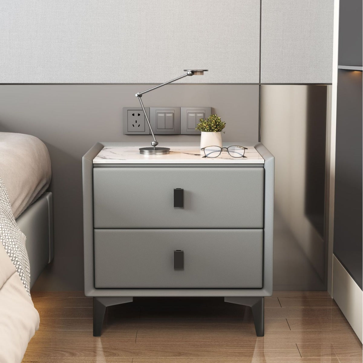Modern Cubic Sintered Stone Solid Wood Nightstand — Black