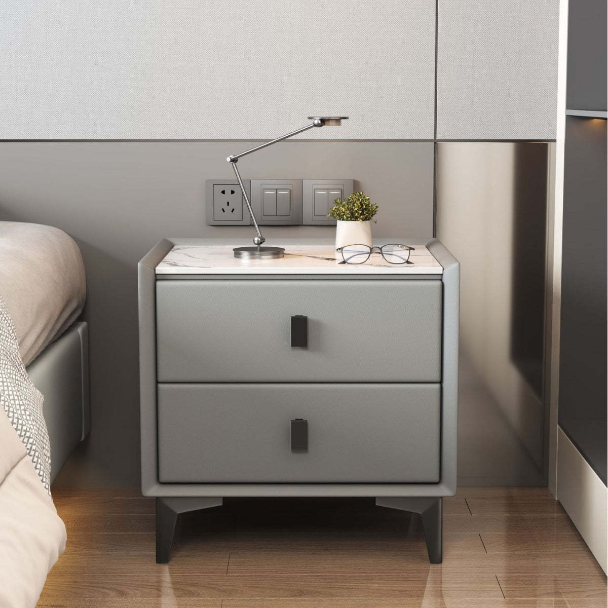 Modern Cubic Sintered Stone Solid Wood Nightstand — Black