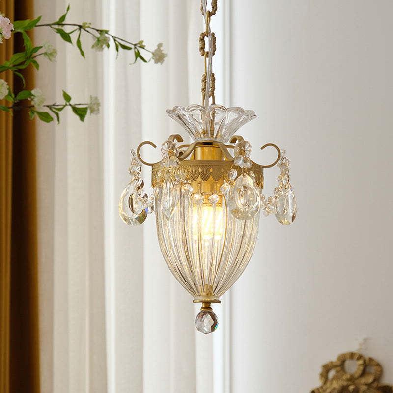 French Lantern Carved Copper Crystal Pendant Light